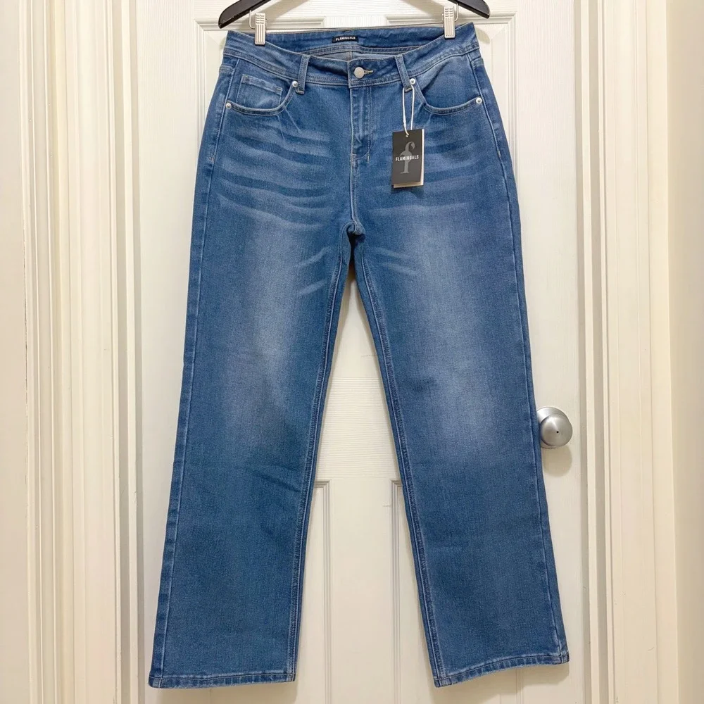 NEW Flamingals High Rise Straight Leg Jeans XL Medium Wash Blue 32X30 #86773